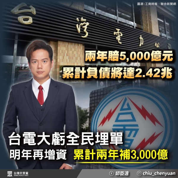 邱臣遠:兩年大虧5,000億，累計負債將達2.42兆，台電虧損全民埋單，明年政府再增資1,000億！