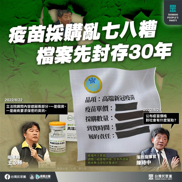 民眾黨:民進黨疫苗採購亂七八糟，檔案先封存30年