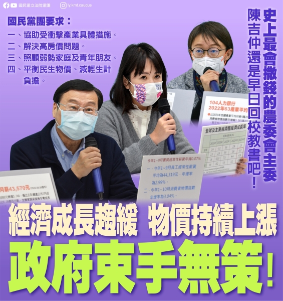 國民黨團:「經濟成長趨緩 物價持續上漲 政府束手無策！」