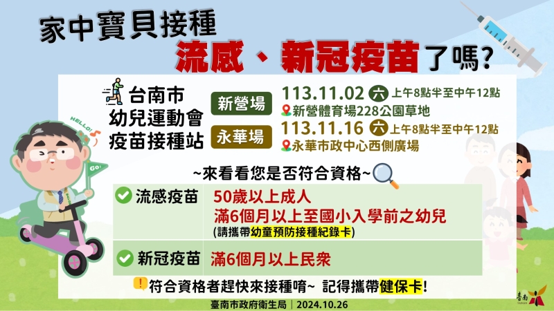 南市幼兒運動會設立疫苗接種站，市長黃偉哲揪您接種「左流右新」，健康防護再升級