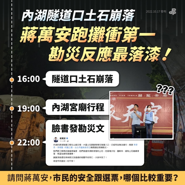 民進黨:內湖隧道口土石崩落  蔣萬安跑攤衝第一