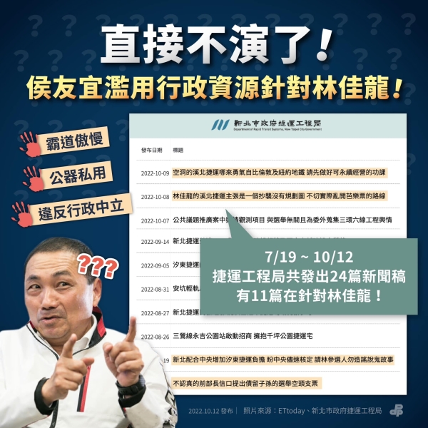 民進黨:直接不演了！ 侯友宜濫用行政資源針對林佳龍！