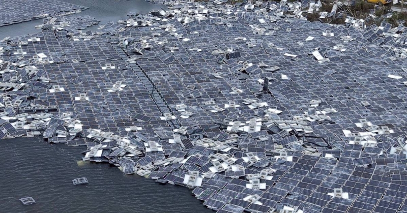 上百光電板殘骸漂水面 滯洪池淪垃圾場