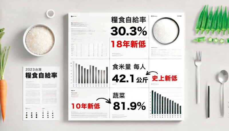 2023糧食年報01 糧食自給率30.3％，創18年最低，蔬菜自給10年最低，食米量探底