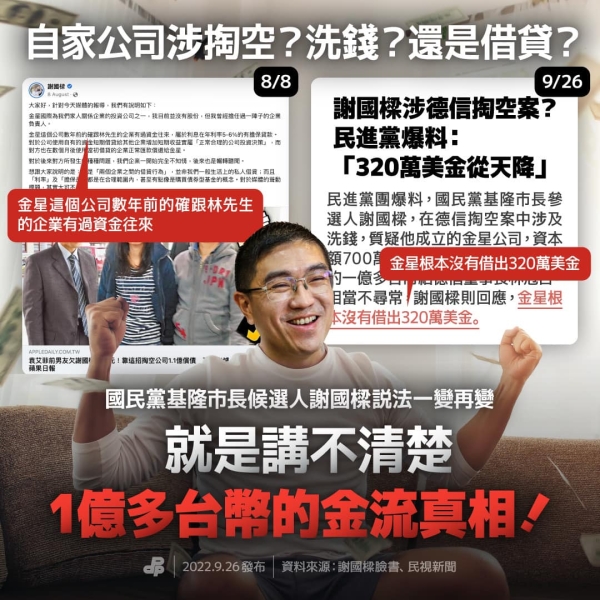 民進黨:自家公司涉掏空？洗錢？還是借貸？謝國樑說法一變再變！